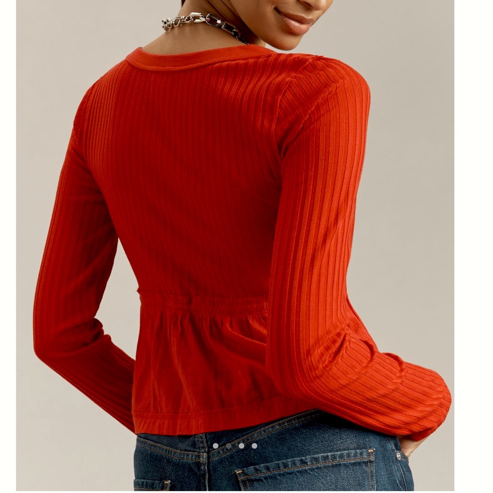 Anthropologie Ribbed Long Sleeve Shirt Pilcro Scoop Neck Cropped New XS Red - Picture 5 of 11